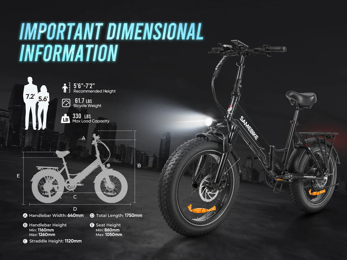 Samebike Lotdm200 Bicicletta Elettrica con Pneumatici Grassi size and dimensions