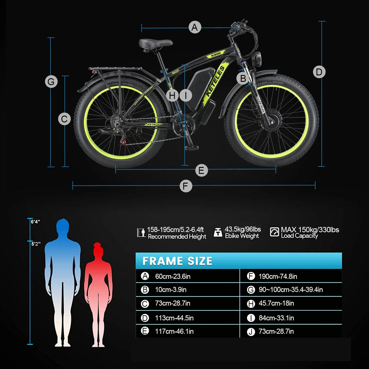 Vélo Électrique Keteles K800 size and dimensions