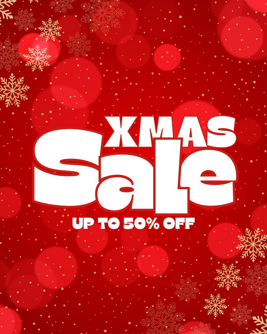 Red festive background with gold dots and snowflakes. Bold white text in the center reads XMAS Sale and smaller text below says UP TO 50% OFF.