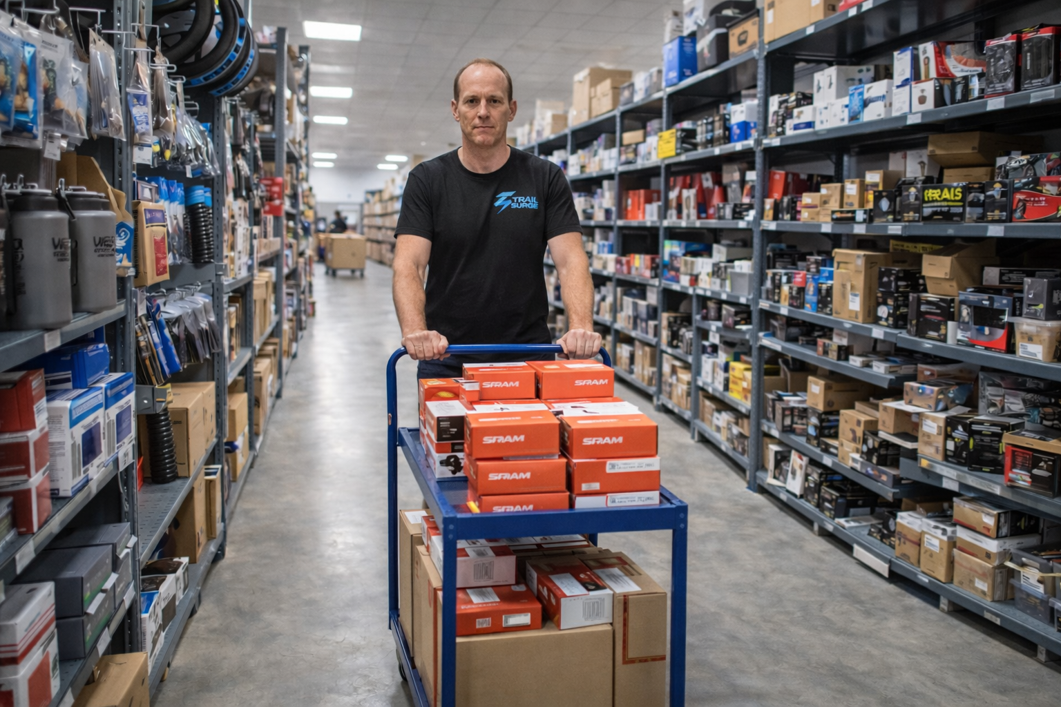 Man pushing a blue cart loaded with orange boxes labeled SRAM in a warehouse aisle filled with various products on shelves