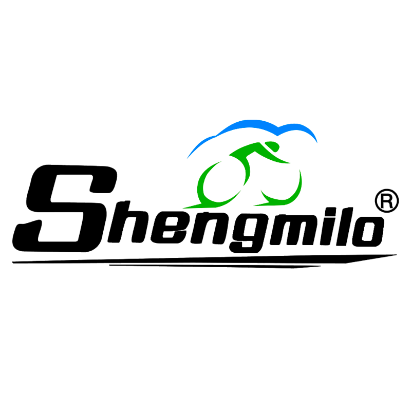 Black Shengmilo text logo with a stylized green cyclist and blue curved lines above on a white background