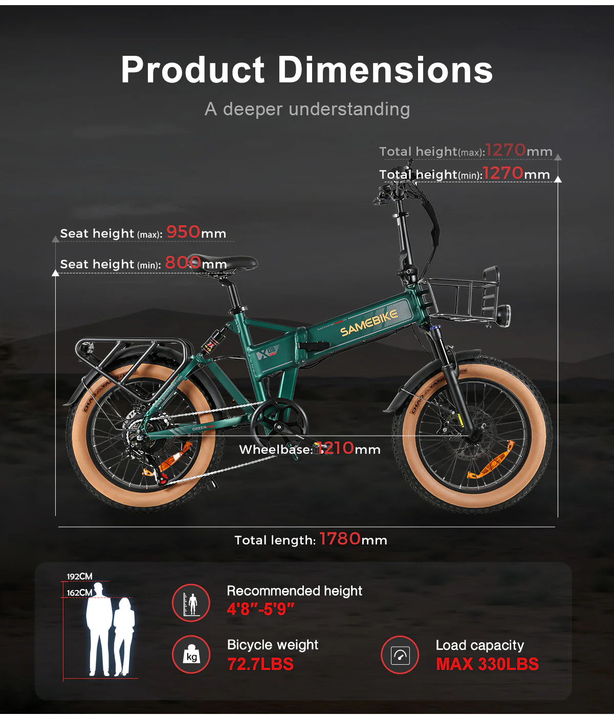 Samebike XWLX09 II Electric Bike size and dimensions