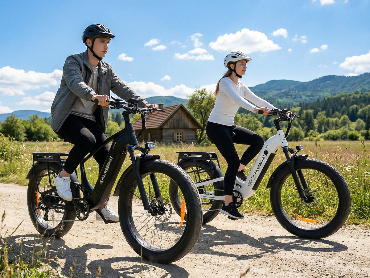 SAMEBIKE Crest Step-Through Full-Suspension Fat Tyre E-Bike – White and Black bikes in use