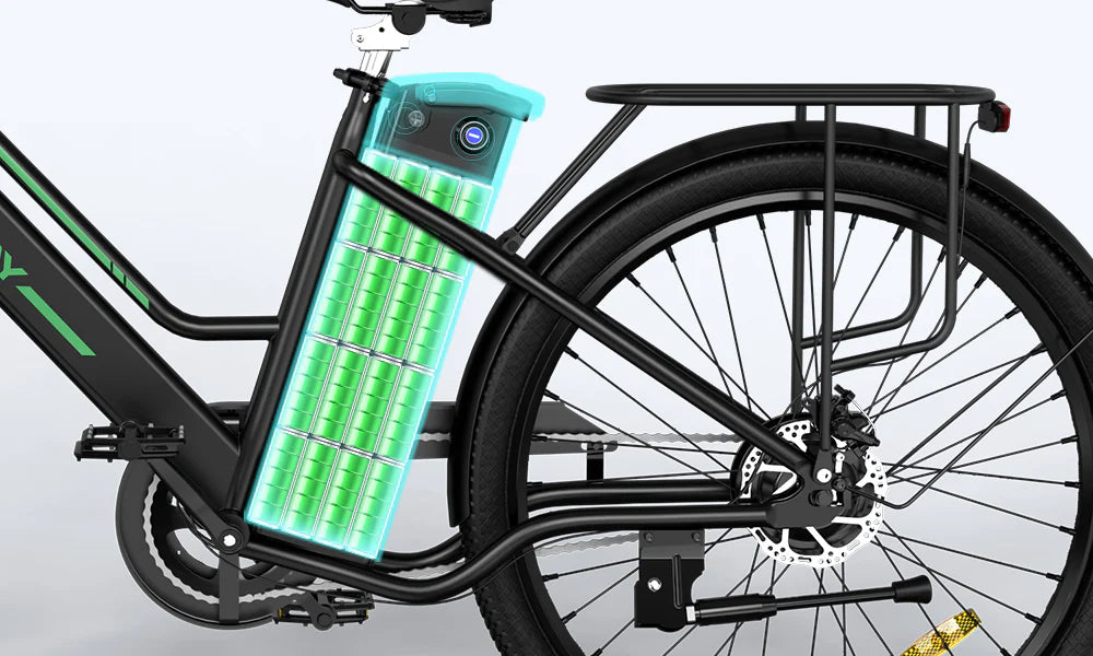 Close-up side view of an electric bicycle with a transparent overlay showing the internal battery pack made up of multiple cylindrical cells, located on the frame behind the seat post.