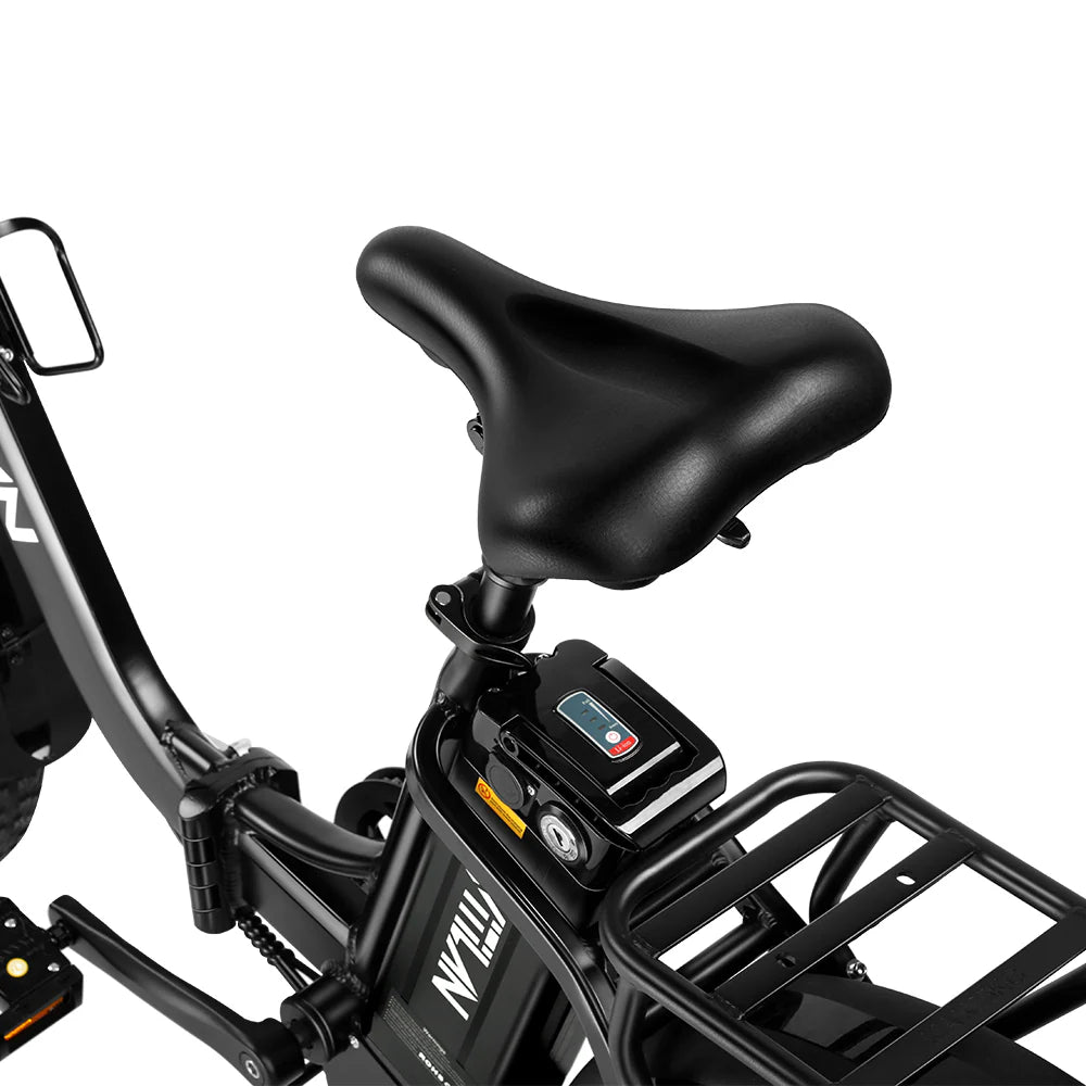 Black bike seat with ergonomic design attached to a black frame and rear cargo rack on a white background