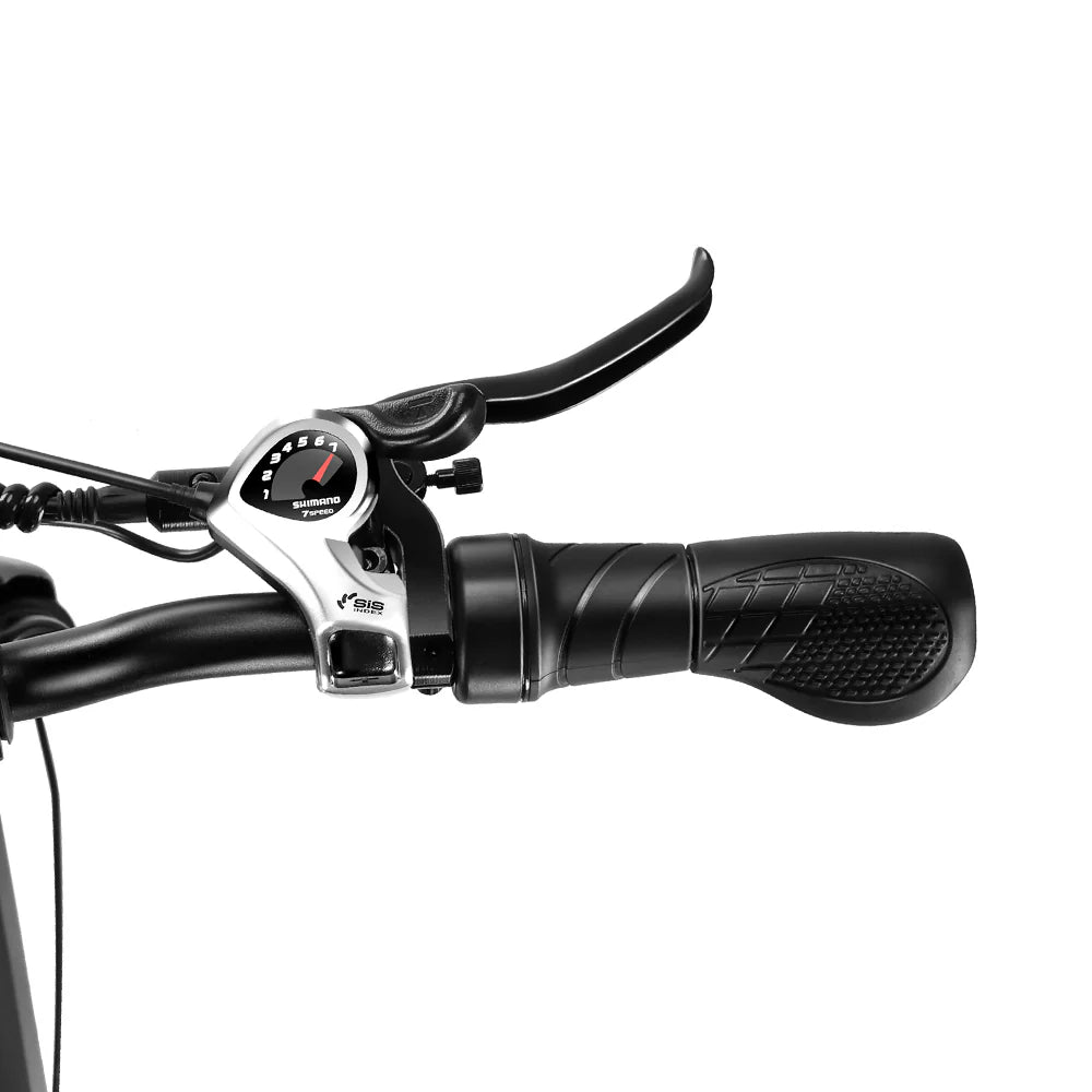Black bicycle handlebar grip with brake lever and Shimano gear shifter set against a white background