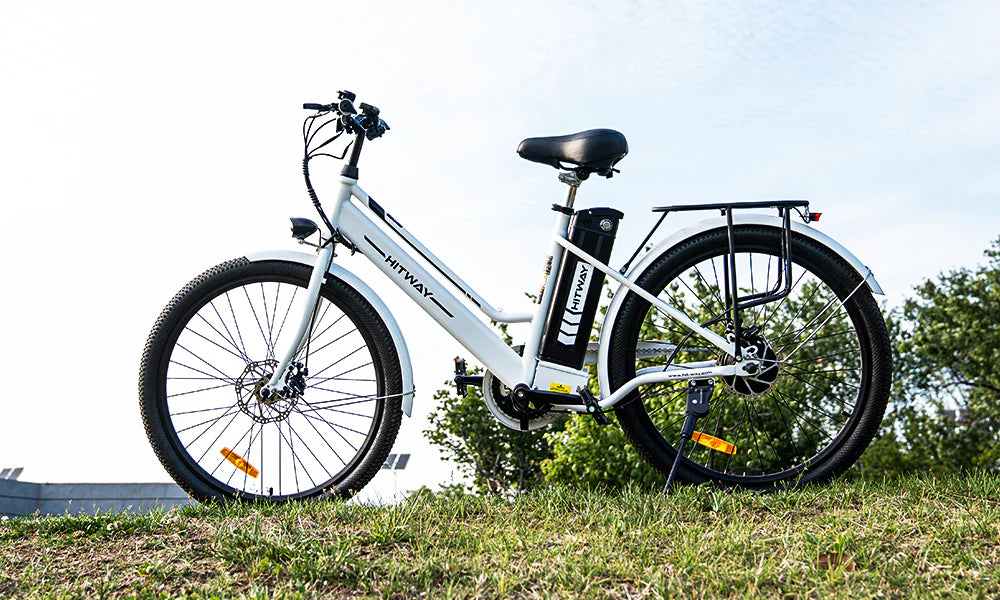 A white electric bicycle with a battery mounted on the frame is parked on grassy ground. Trees and a partly cloudy sky are visible in the background.