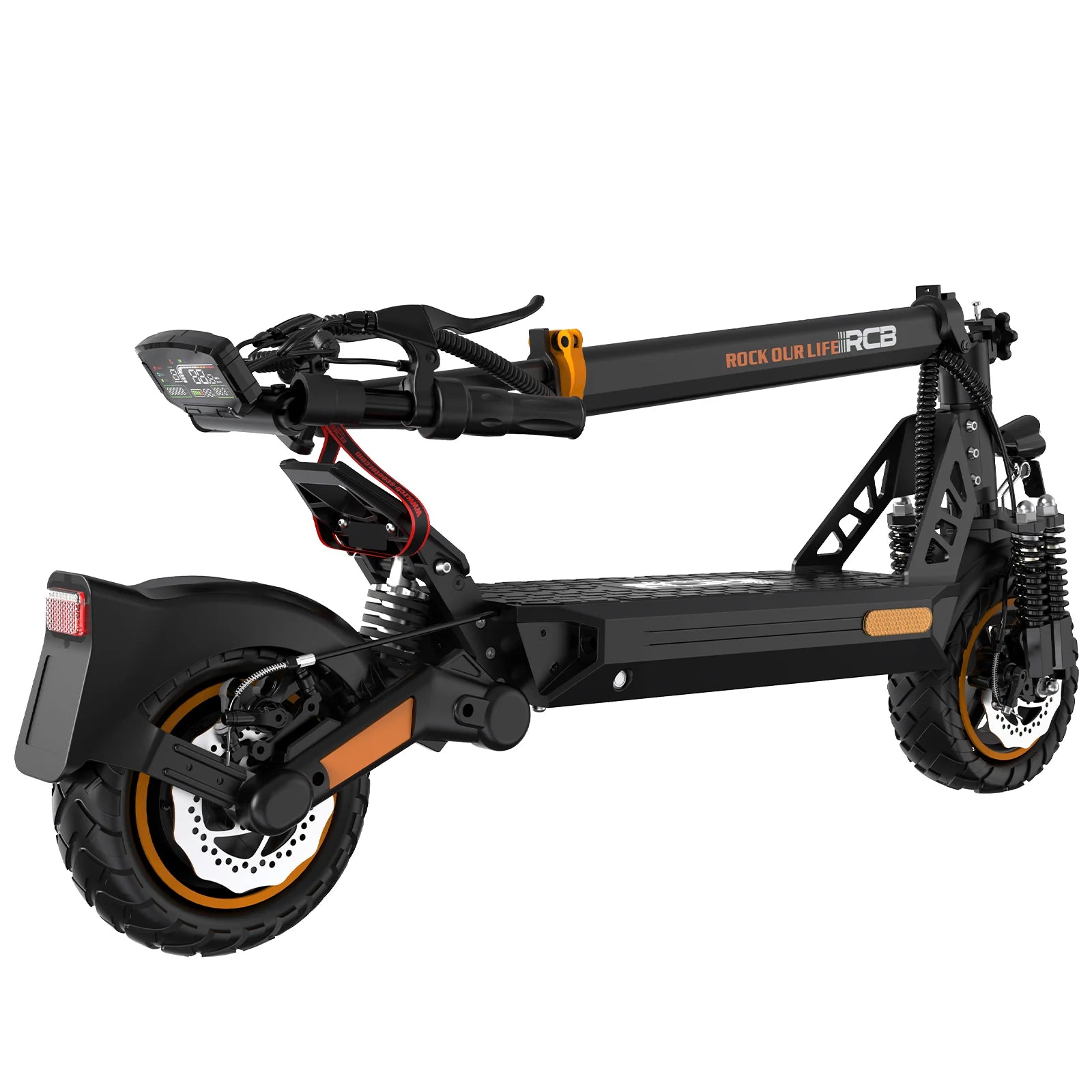 The RCB D5 Pro Electric Scooter 500W 48V 27AH features a black and orange folding frame for portability, large tires, rear suspension, visible handlebars, and "ROCK OUR LIFE RCB" printed on the frame.
