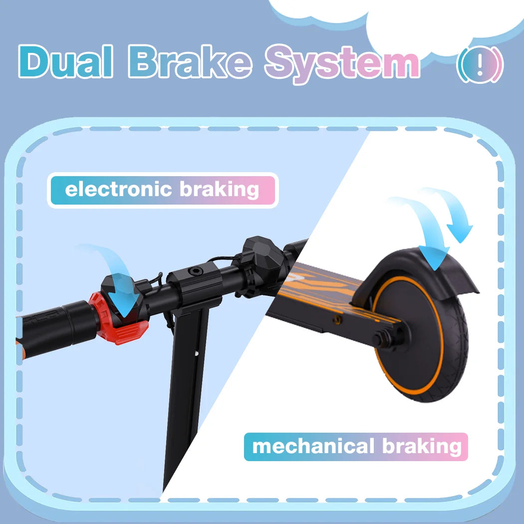Infographic showing a scooters dual brake system with electronic braking on the handlebar and mechanical braking on the rear wheel, labeled and illustrated with arrows.