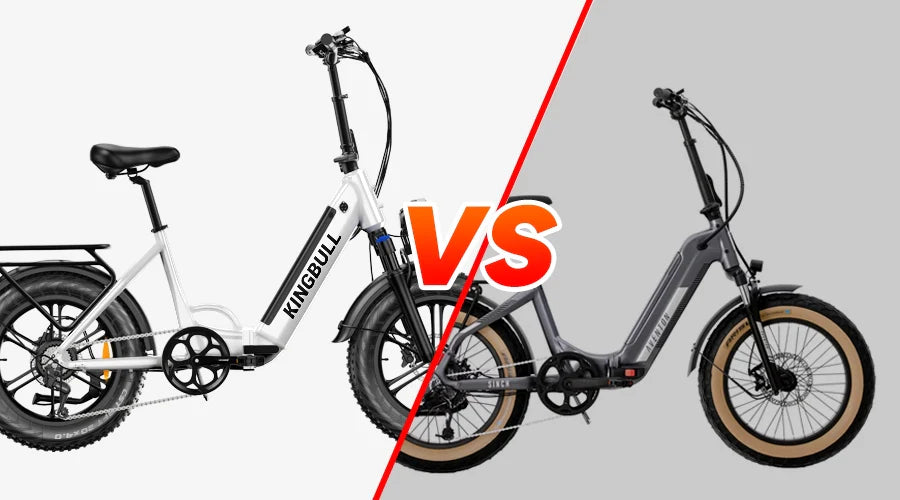 Side-by-side view of a white Kingbull folding bike and a gray electric bike separated by a red diagonal line with "VS" text in the center