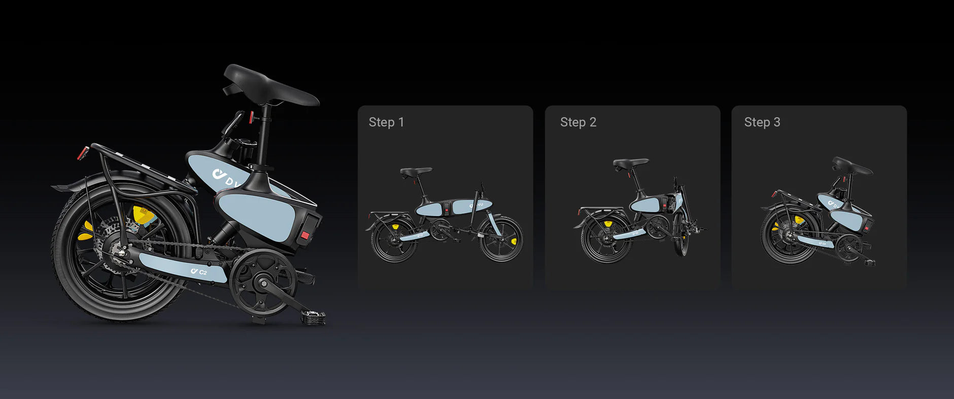 A compact electric bike and a three-step diagram showing how to fold it: first, the handlebars lower, then the frame folds in half, and finally the seat is pushed down for easy storage.