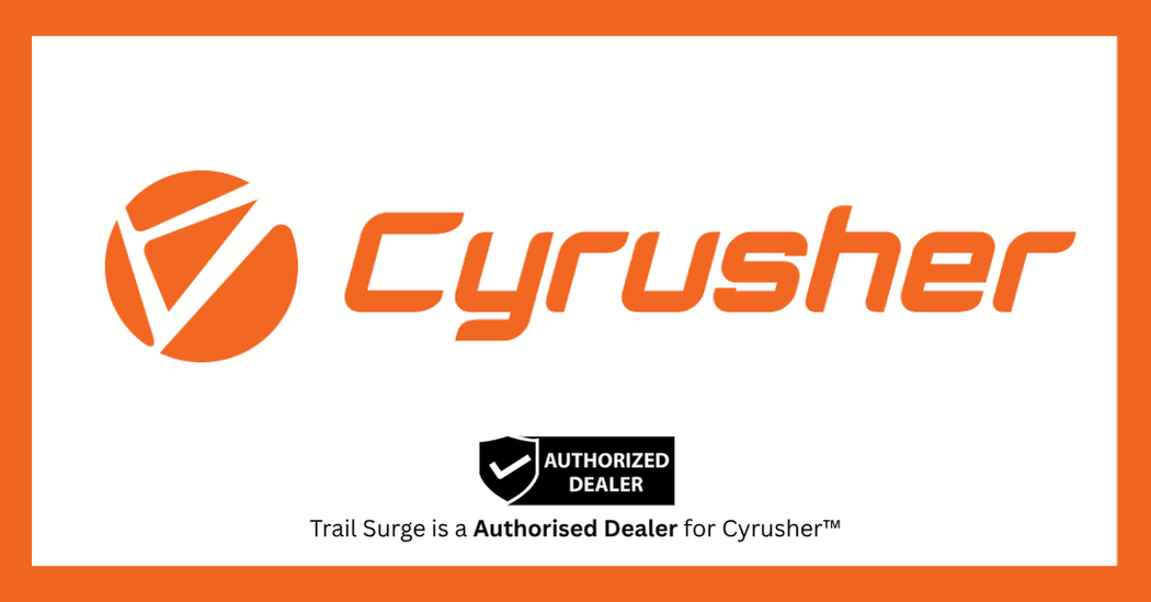 Orange Cyrusher logo with stylized C icon on the left and Cyrusher in bold text. Below, a black badge reads Authorized Dealer and text states Trail Surge is an authorized dealer for Cyrusher.