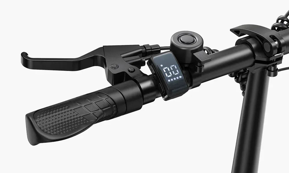Close-up view of an electric scooter handlebar showing a textured grip, brake lever, display screen with numbers, control button, and a coiled lock attached to the handlebar.
