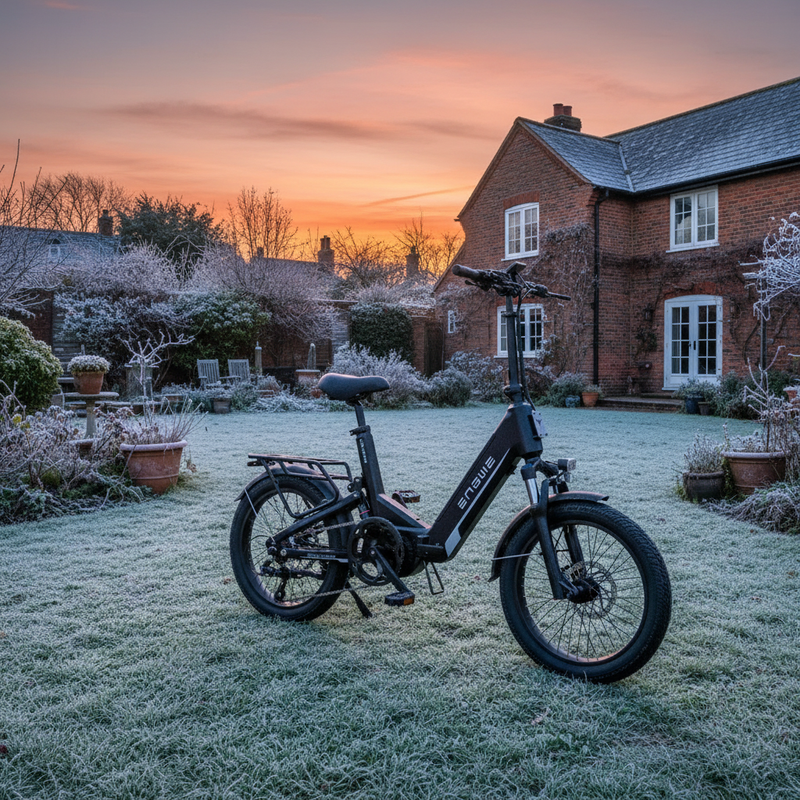 Black electric bike parked on frosty grass in front of a brick house at sunrise with garden plants and trees.