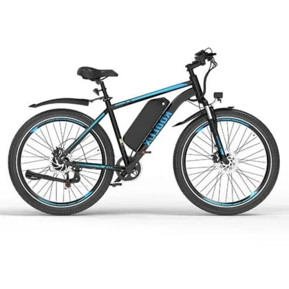 Black electric bike with blue accents on a white background
