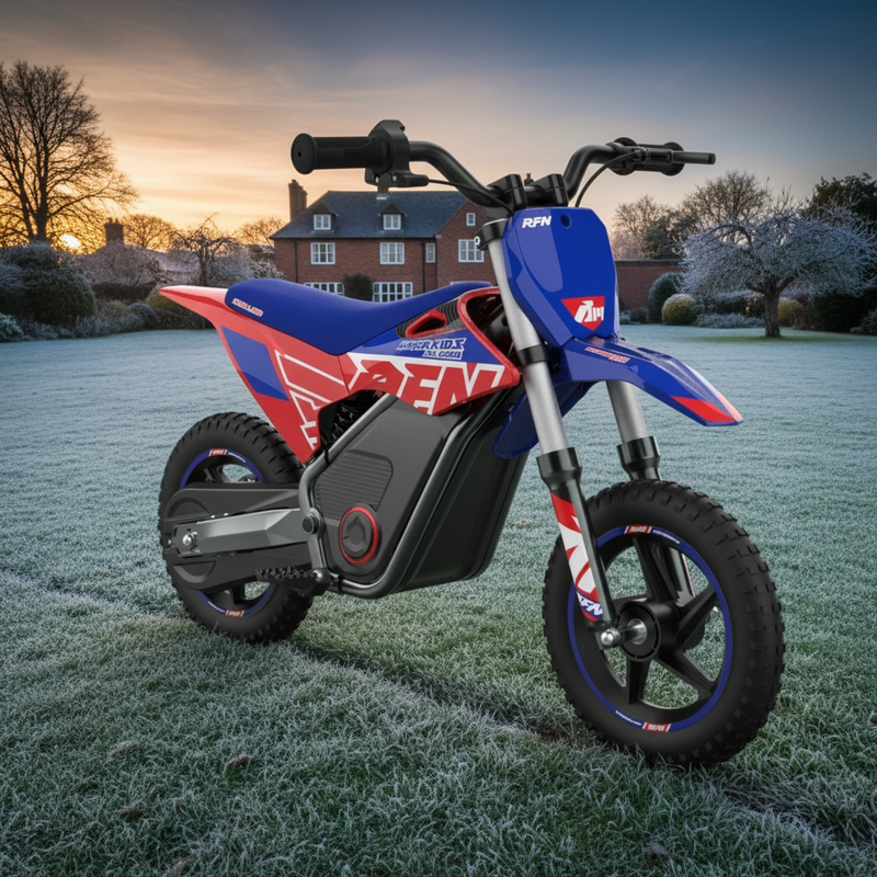 Blue and red electric dirt bike parked on frosty grass in front of a large brick house at sunrise
