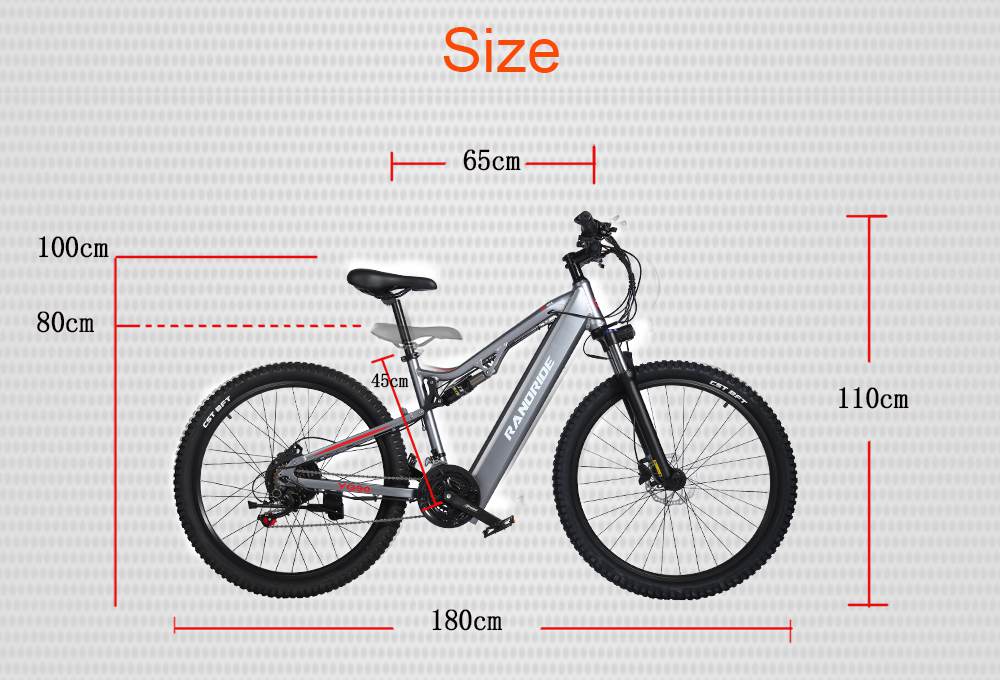 Side view of the Randride YX90A Electric Mountain Bike (by Randride) with labeled measurements: 65cm handlebar width, 100cm handlebar height, 80cm seat height, 45cm seat tube length, 110cm front wheel height, and 180cm overall length. Size shown at top.
