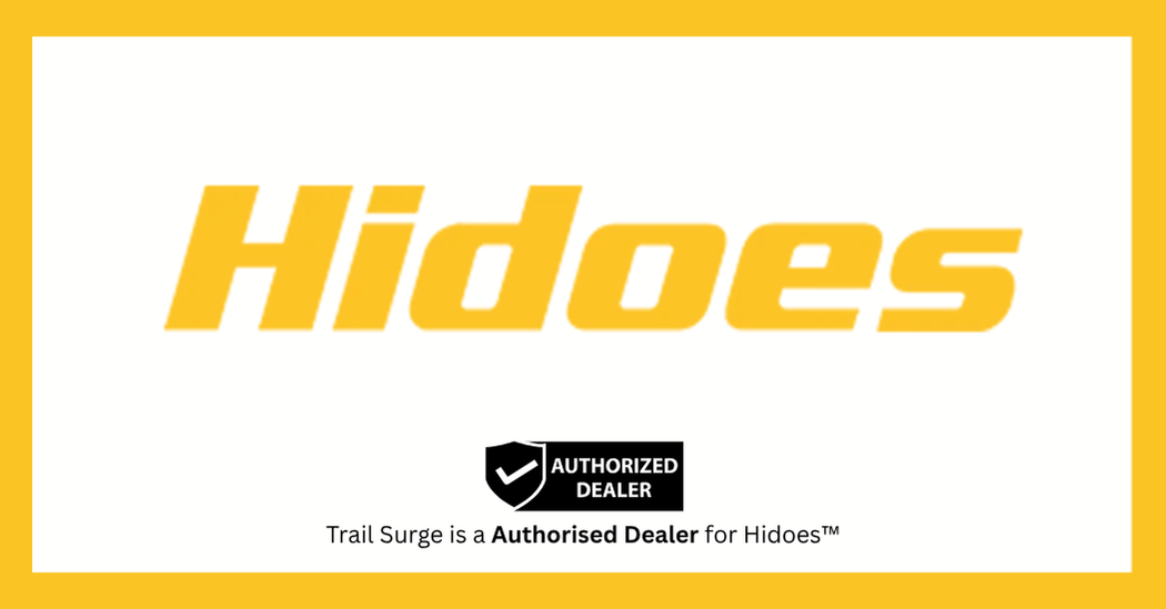 Yellow Hidoes text on a white background bordered in yellow. Below, a black badge icon with Authorized Dealer appears above the text Trail Surge is a Authorised Dealer for Hidoes™.