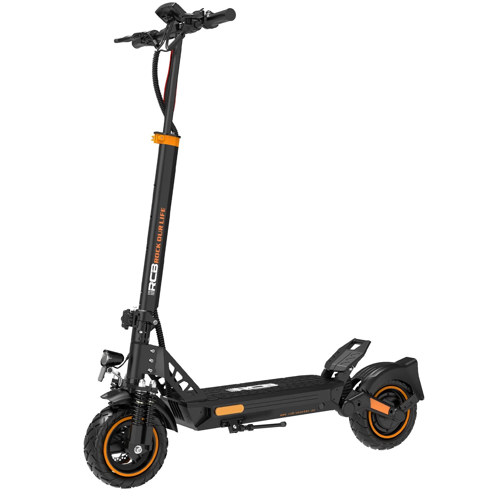 The RCB D5 Pro Electric Scooter 500W 48V 27AH is a black scooter with orange accents, featuring a wide deck, large tires, folding frame, long-range battery, front and rear suspension, headlight, and handlebars with display and controls on a white background.