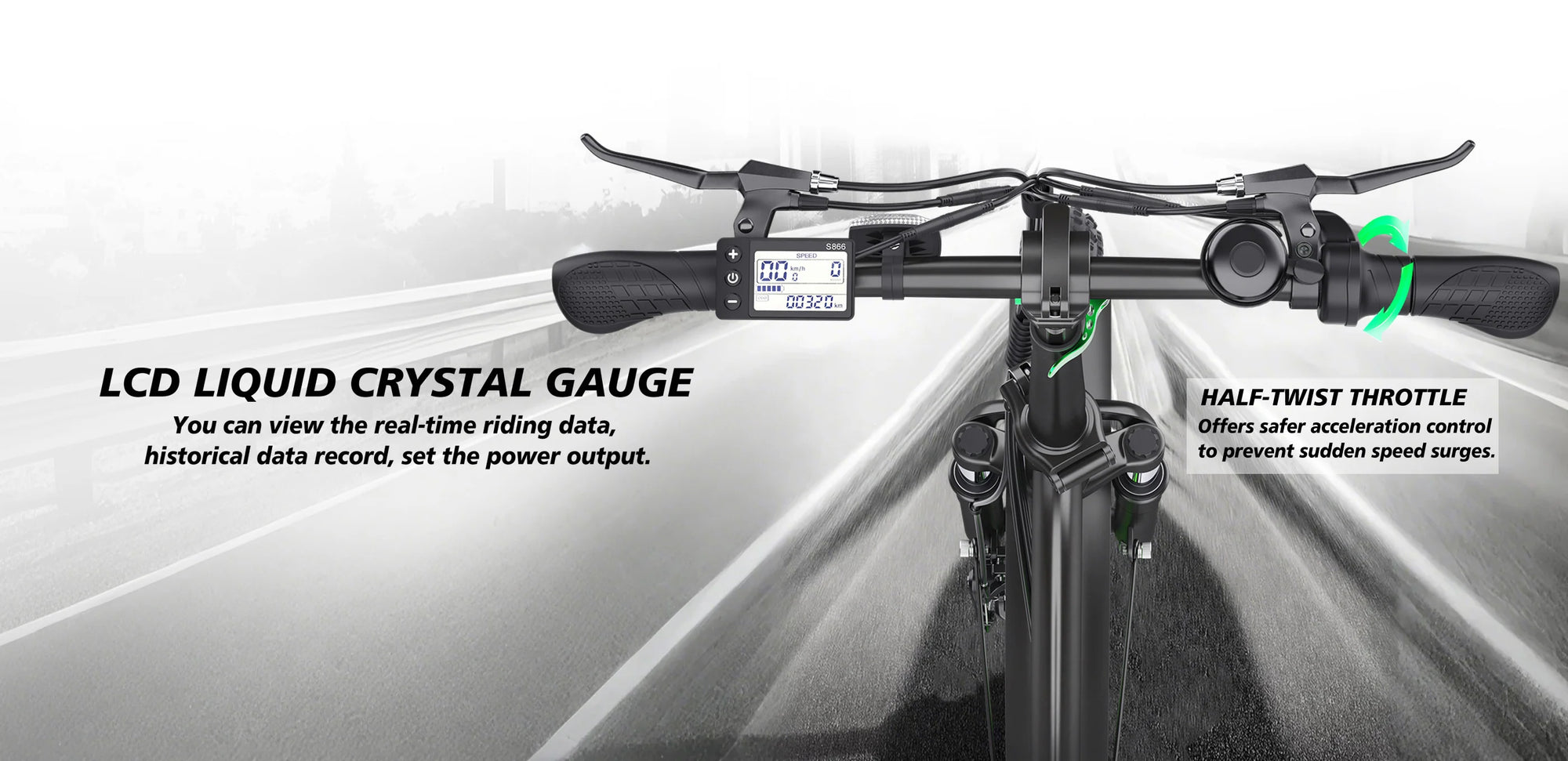Close-up view of electric bike handlebars with an LCD display screen in the center, labeled features on either side, and a blurred road in the background to show motion. Text describes the LCD gauge and half-twist throttle.