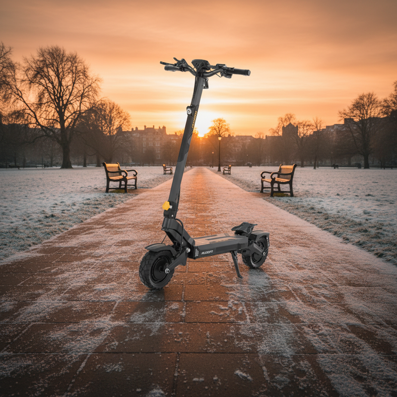 Black electric scooter parked on a frosty brick pathway in a park with benches and leafless trees at sunrise.