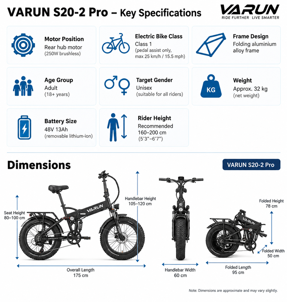 Varun S20-2 Pro Electric Bike size and dimensions