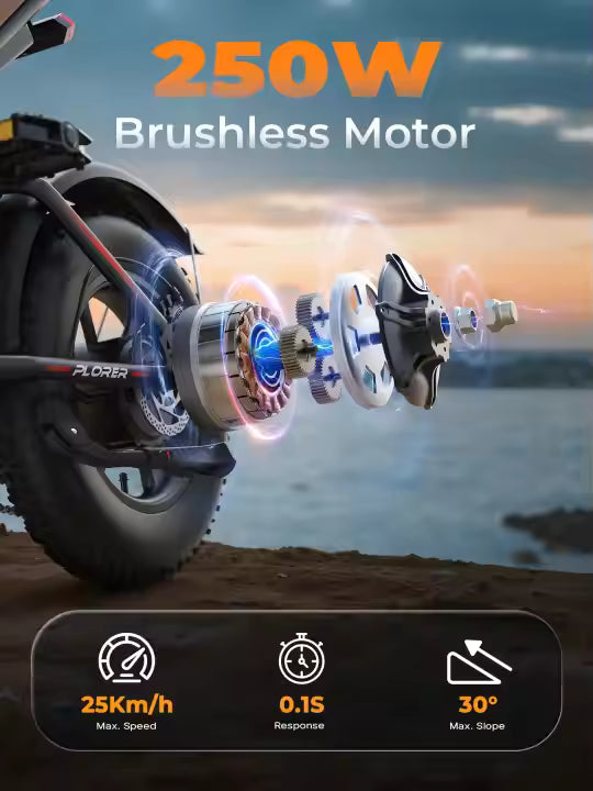 An illustration of a 250W brushless motor on a bicycle, with digital graphics highlighting motor parts. Text shows specs: 25 km/h max speed, 0.1s response time, and 30° max slope. A scenic background is visible.