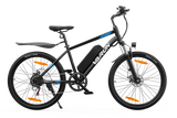 The VARUN M24 Electric Bike 24inch 36V 8Ah in black and blue is shown side view with a central battery, front suspension, disc brakes, and wheel reflectors—making it a stylish and practical city commuter e-bike.