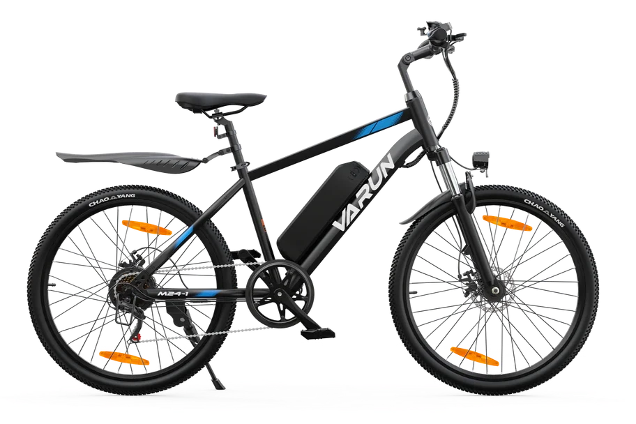 The VARUN M24 Electric Bike 24inch 36V 8Ah in black and blue is shown side view with a central battery, front suspension, disc brakes, and wheel reflectors—making it a stylish and practical city commuter e-bike.