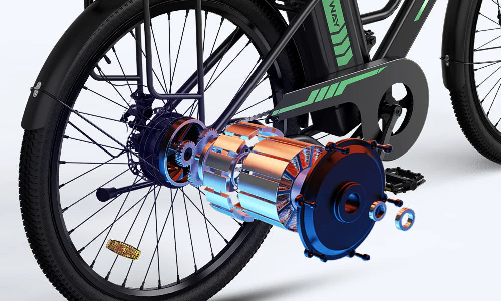 Close-up of an electric bicycle’s rear wheel, showing a transparent view of the motor’s internal components, including gears and coils, with part of the bike frame and battery visible.
