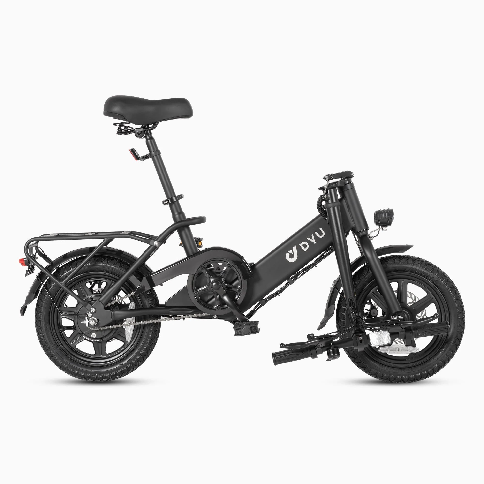 The DYU C3 Mini Electric Bike by DYU is a black foldable city e-bike with a padded seat, rear cargo rack, thick tires, and visible pedals, shown from the side on a white background—ideal for last-mile journeys.