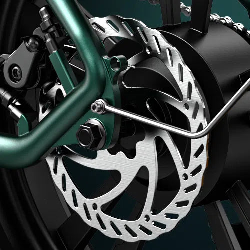 Close-up of a bicycles rear wheel showing a silver disc brake rotor, caliper, and part of the green frame. The image highlights the brake mechanism and metal components in sharp detail.