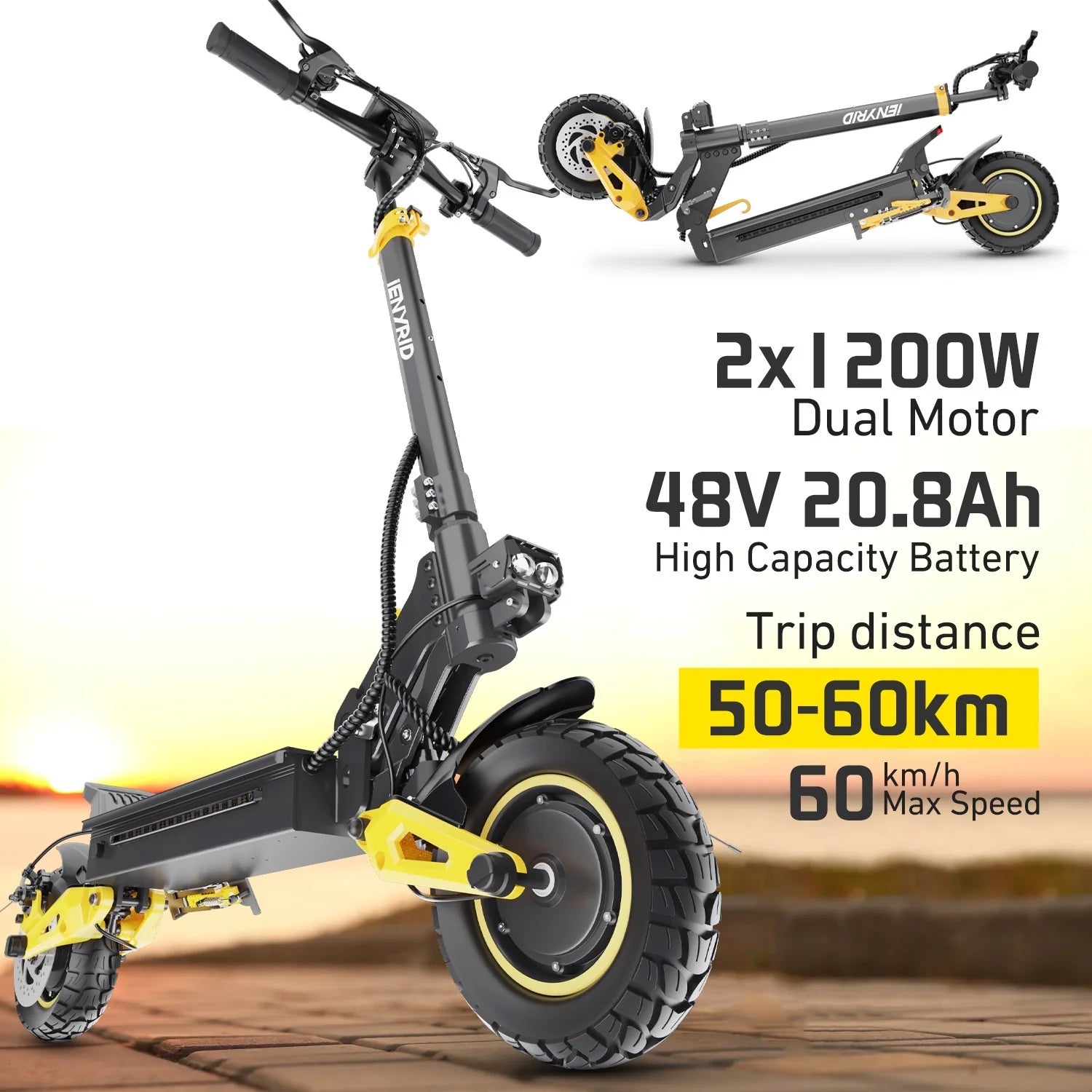 Electric scooter with thick tires, yellow and black frame, and visible suspension. Text highlights features: 2x1200W dual motors, 48V 20.8Ah battery, 50–60 km trip distance, and max speed of 60 km/h.
