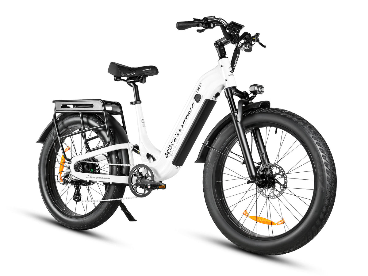 SAMEBIKE Crest Step-Through Full-Suspension Fat Tyre E-Bike – White, manufacturer product angle