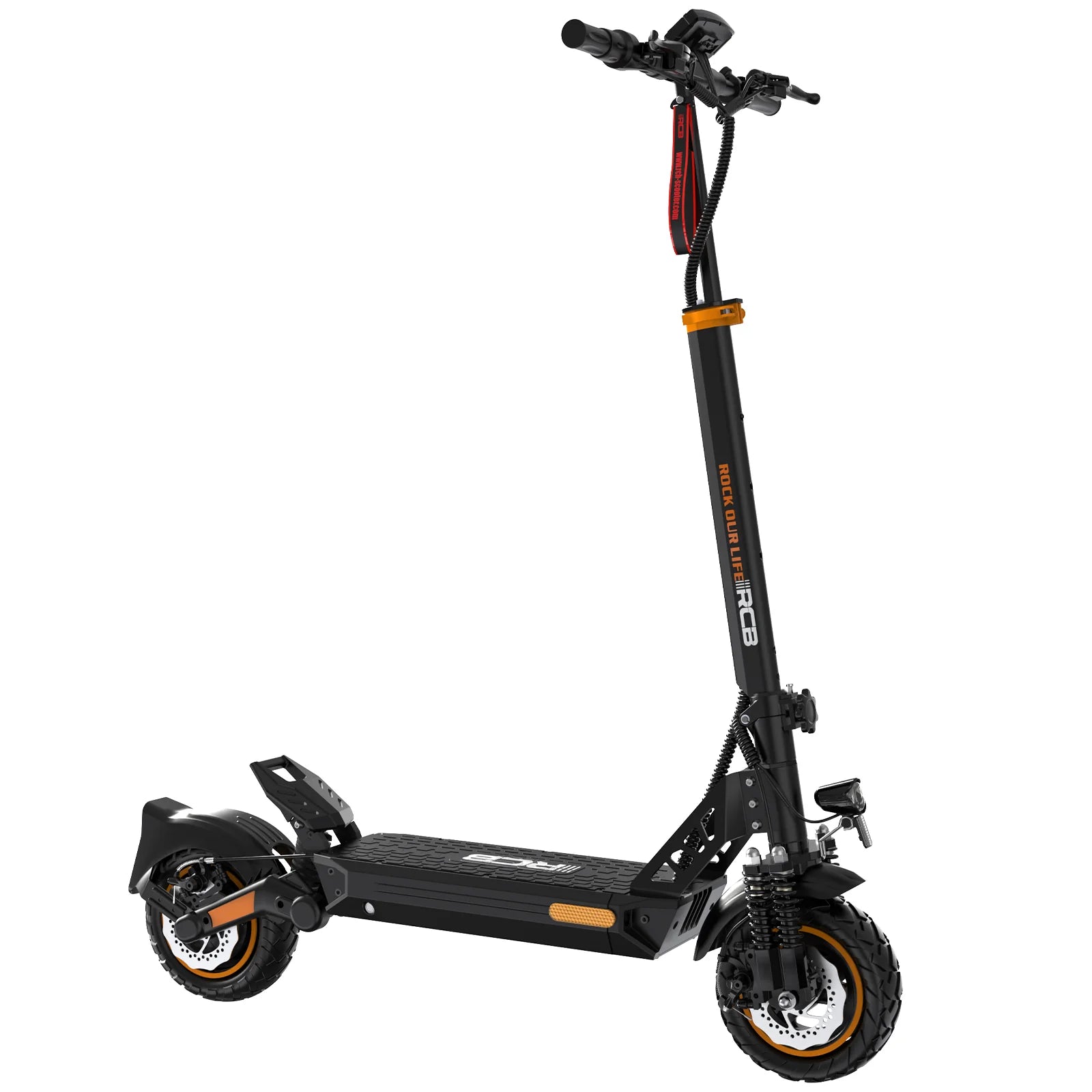 The RCB D5 Pro Electric Scooter 500W 48V 27AH, in black with orange accents, showcases a wide deck, thick tires, dual suspension, handlebar display, dual headlights, folding frame, and stands upright on a white background.