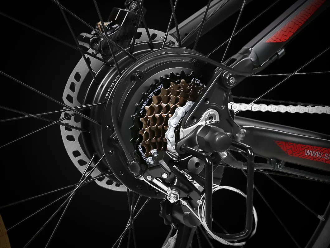Close-up of a bicycle’s rear wheel showing the gear cassette, derailleur, chain, disc brake rotor, and spokes against a dark background.