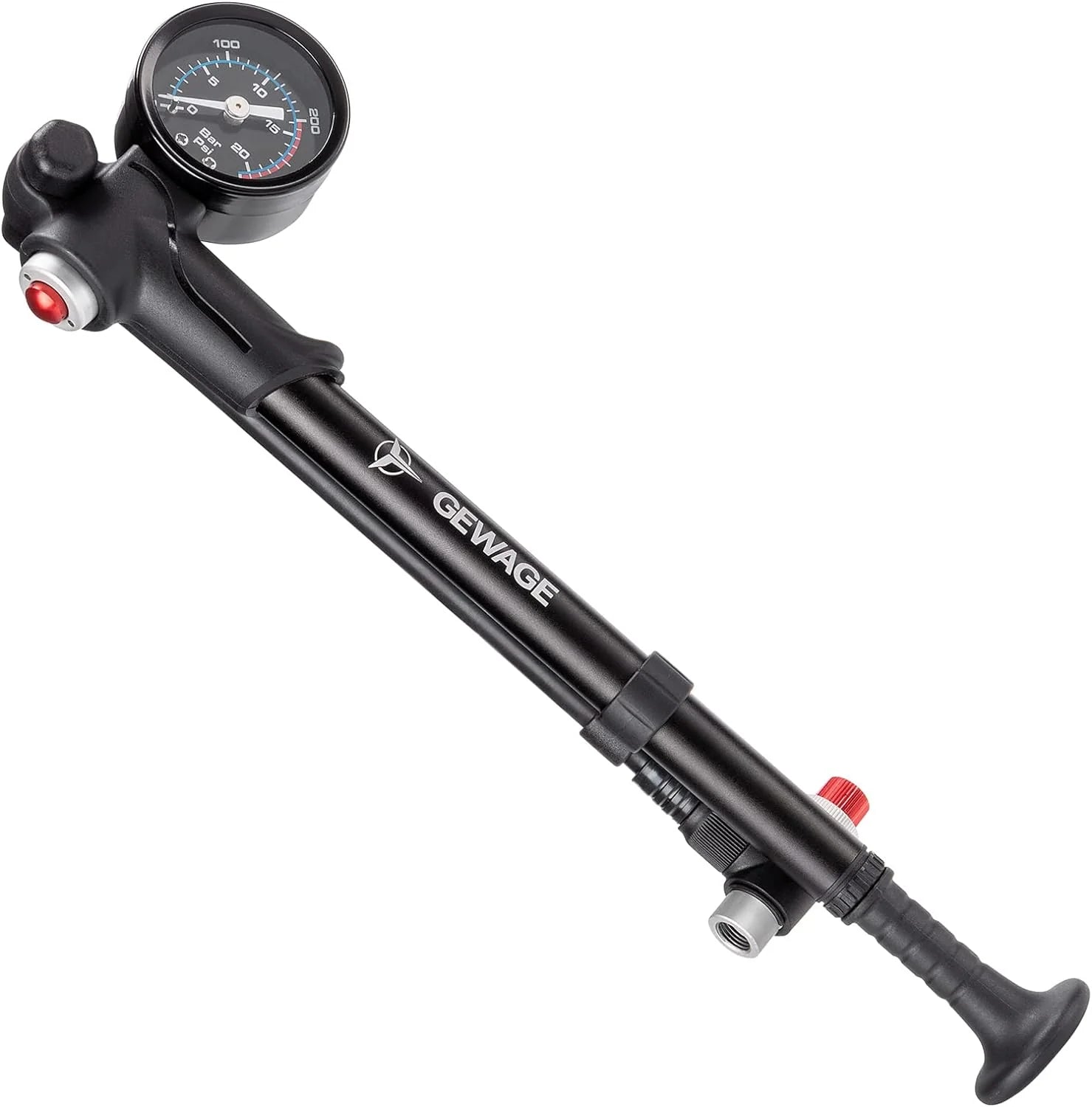 The Gewage Bike Shock Pump 300 PSI Max is a black pump with a pressure gauge, red and silver adjustment knobs, and a flexible hose, designed for inflating bike shocks and forks.