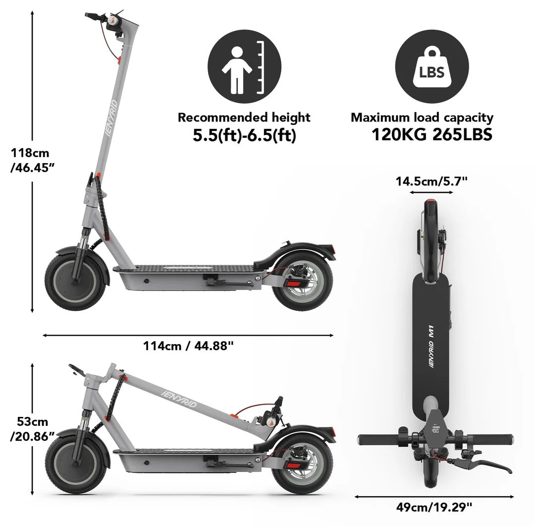 Electric scooter shown from side and top views with dimensions: 118cm tall, 114cm long, 53cm handlebar width, and 49cm folded width. Recommended rider height: 5.5-6.5 feet. Maximum load capacity: 120kg (265 lbs).