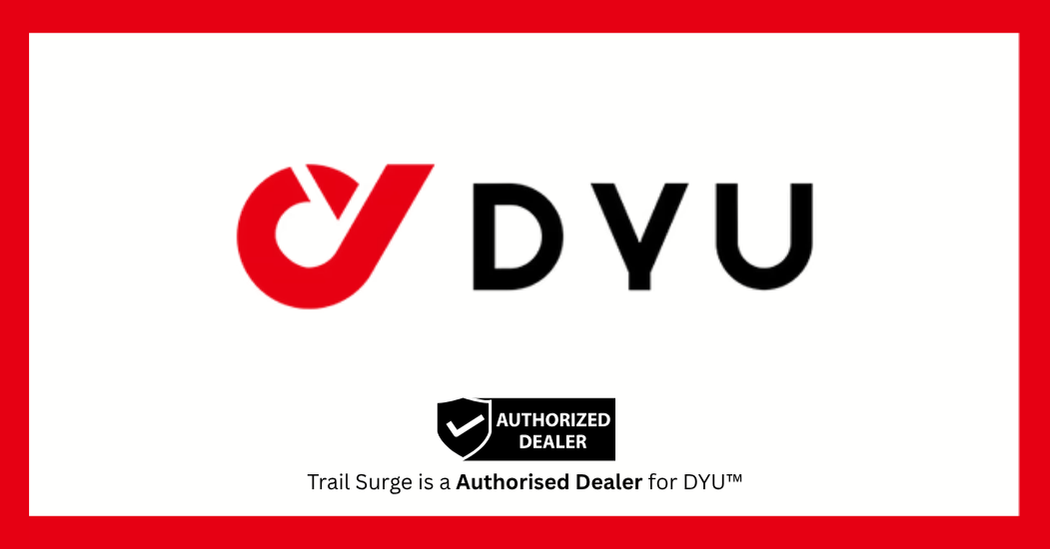 Logo for DYU with a red checkmark symbol, black DYU text, and AUTHORIZED DEALER badge. Below, it states, Trail Surge is a Authorised Dealer for DYU™ on a white background with a red border.