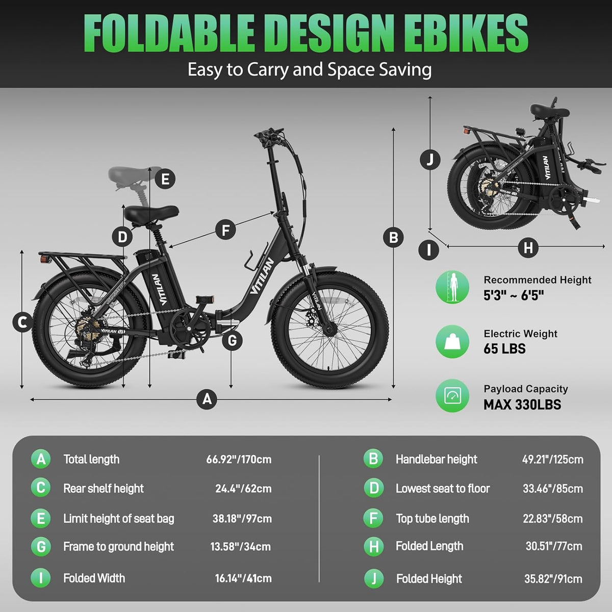 Bicicleta Eléctrica Plegable Vitilan U3 size and dimensions