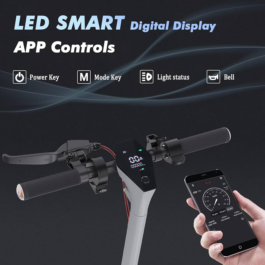 A close-up of an electric scooters handlebars featuring a digital display and control buttons. A hand holds a smartphone showing the scooters companion app. Text highlights LED smart display and app controls.
