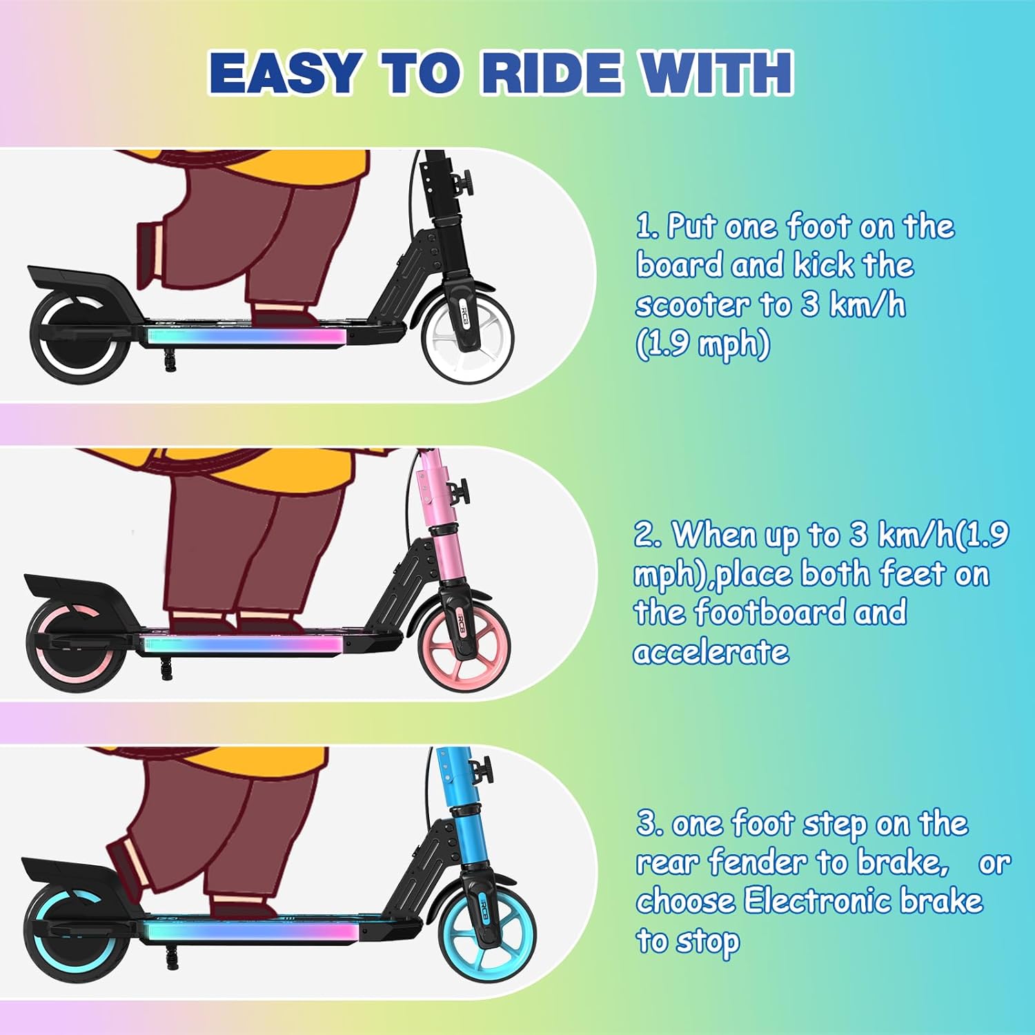 Three illustrated steps show how to ride an electric scooter: 1) kick-off to reach 3 km/h, 2) place both feet on the board to accelerate, 3) step on the rear fender or use the electronic brake to stop.