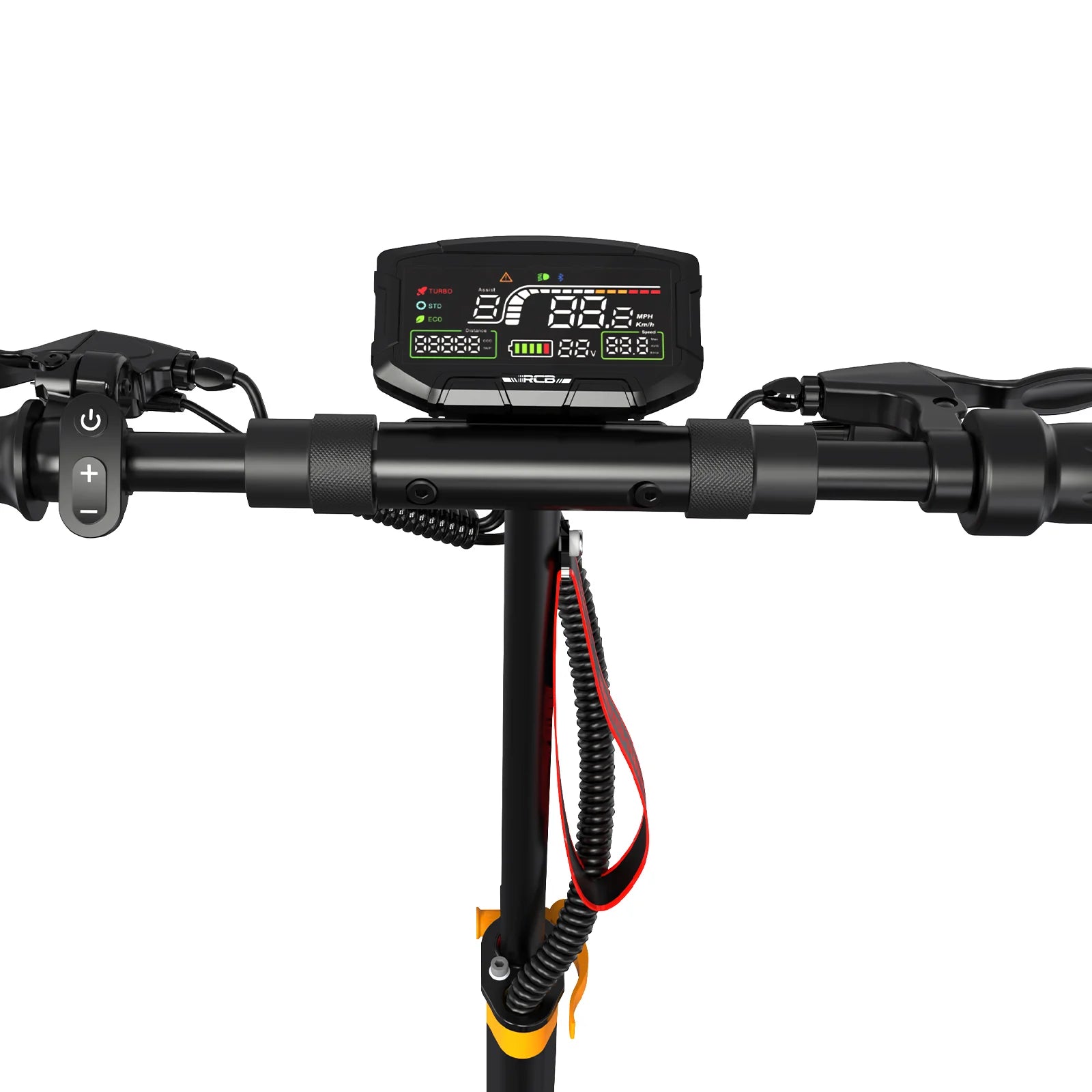 Close-up of the RCB D5 Pro Electric Scooter 500W 48V 27AH handlebar, showing a digital display with speed and battery level, control buttons, hand grips on both sides, and a sleek folding frame design.