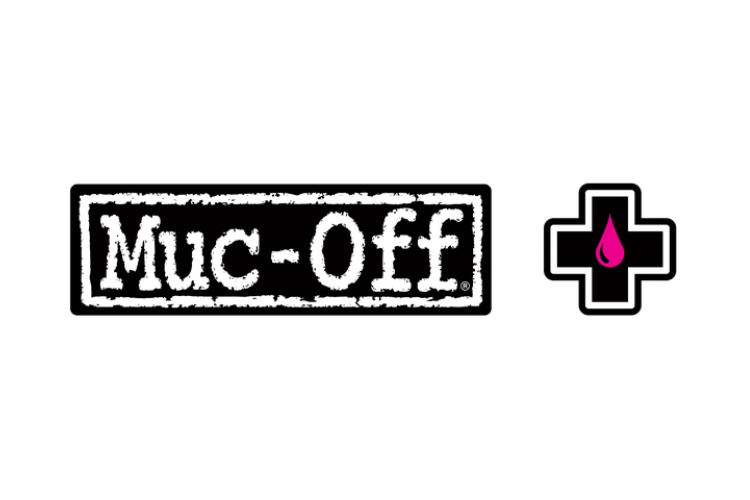 Muc-Off logo with white distressed text inside a black rectangle and a black cross with a pink droplet on a transparent background