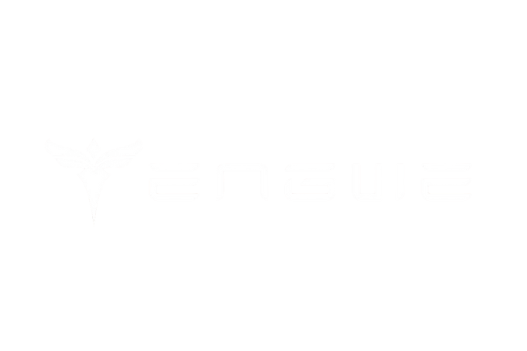 White ENSUIE logo with abstract winged emblem on black transparent background