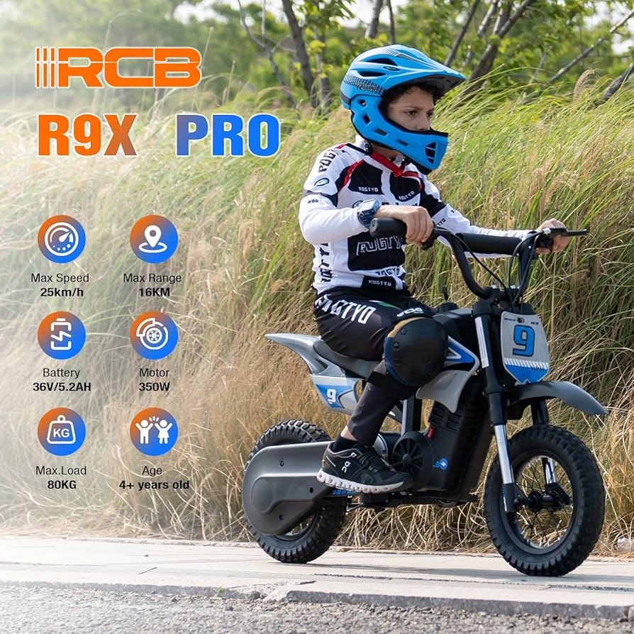 A young child in full riding gear and a blue helmet rides a small electric dirt bike outdoors. Nearby, icons list specs: 25km/h max speed, 16km range, 36V/5.2AH battery, 350W motor, 80kg max load, for ages 4+.