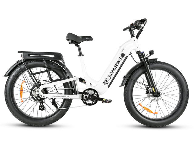 SAMEBIKE Crest Step-Through Full-Suspension Fat Tyre E-Bike – White colour, manufacturer product photograph