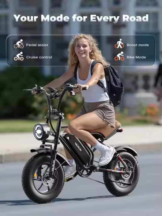 A smiling woman rides an electric bike on a sunny street. Text highlights four modes: pedal assist, cruise control, boost mode, and bike mode. She wears a white top, shorts, and carries a backpack.