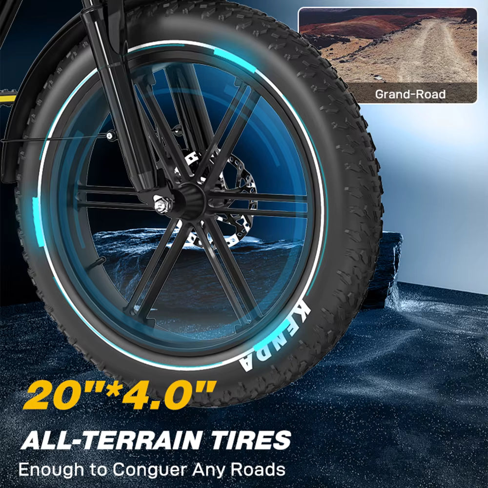 Close-up of a bicycle’s large all-terrain Kenda tire on rocky ground, with a small inset image showing a dirt road labeled Grand-Road. Text highlights the tire size 20*4.0 and promotes its versatility for any roads.