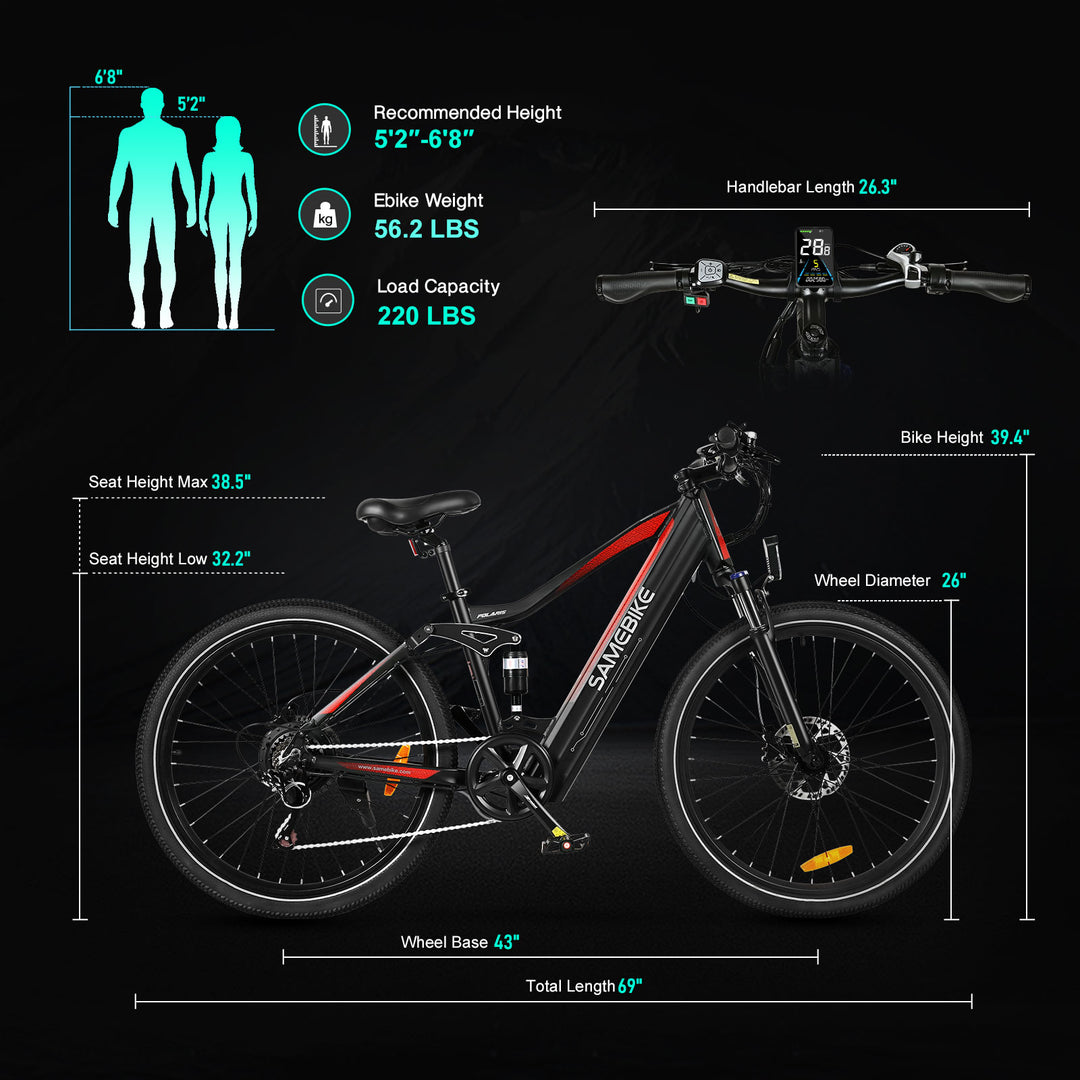 Samebike XD26-II Electric Bike size and dimensions